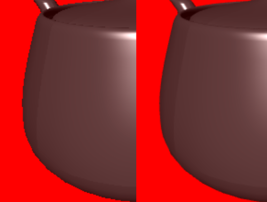 MSAA 적용 전(왼쪽)과 후(오른쪽)의 품질 향상은 매우 두드러집니다.